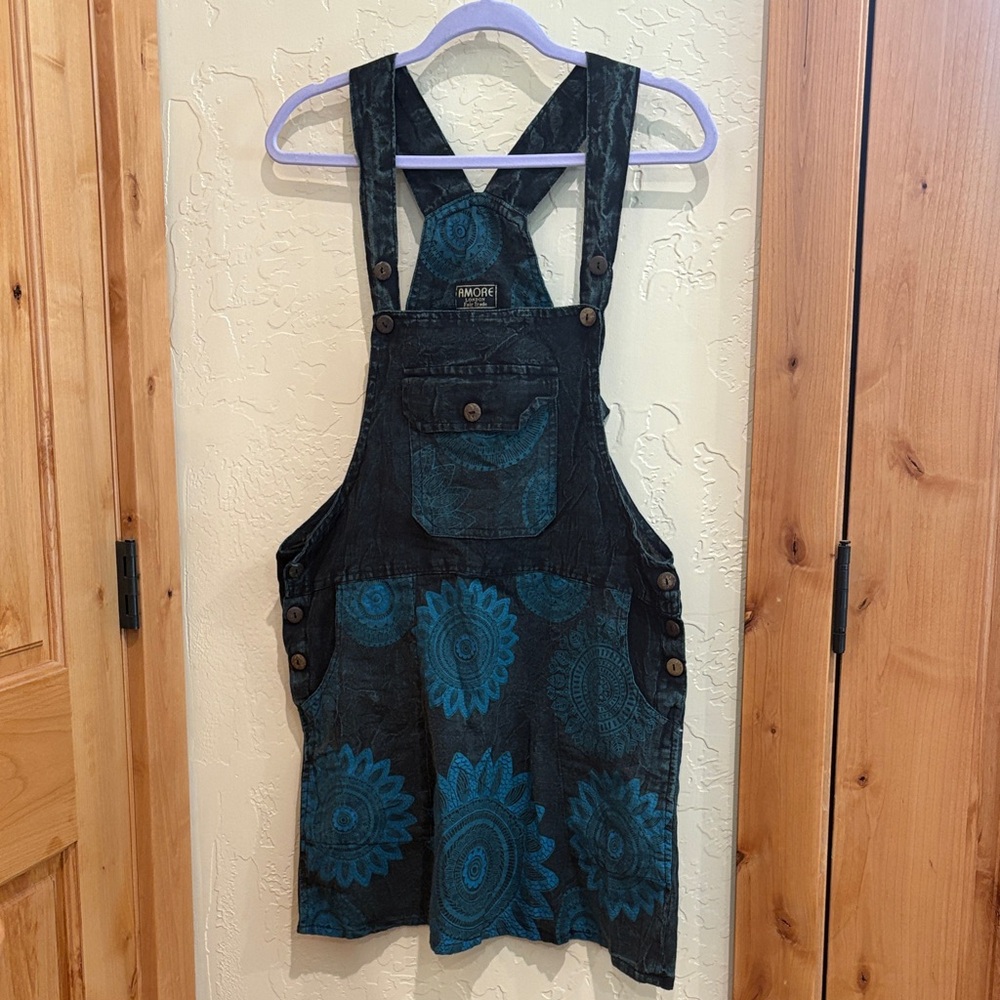 Amore London Fair Trade Black and Teal Floral Overalls Size S/M